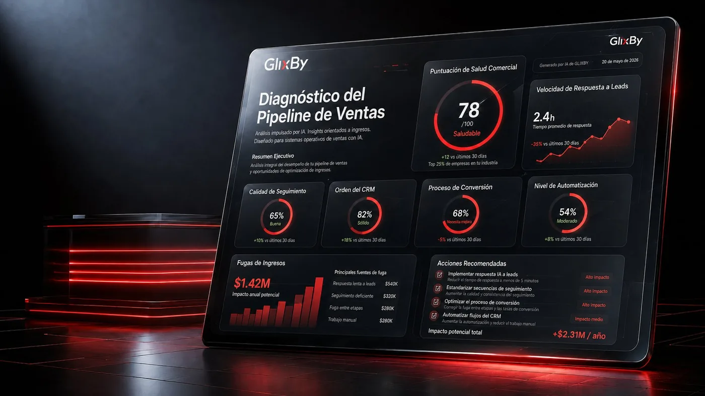 Reporte de diagnóstico del pipeline de ventas generado por la IA de Glixby